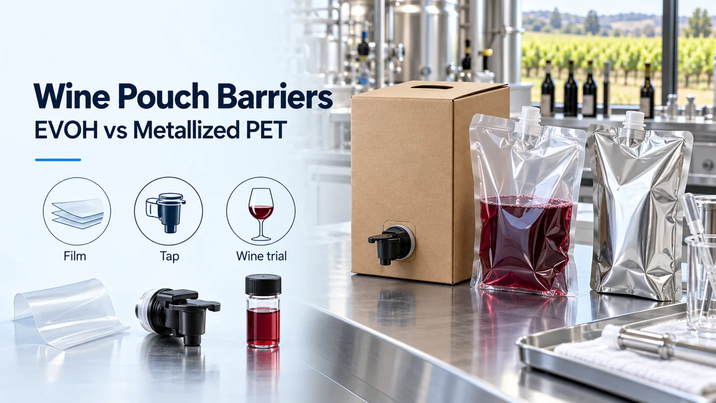Wine pouch and box samples on a cellar workbench