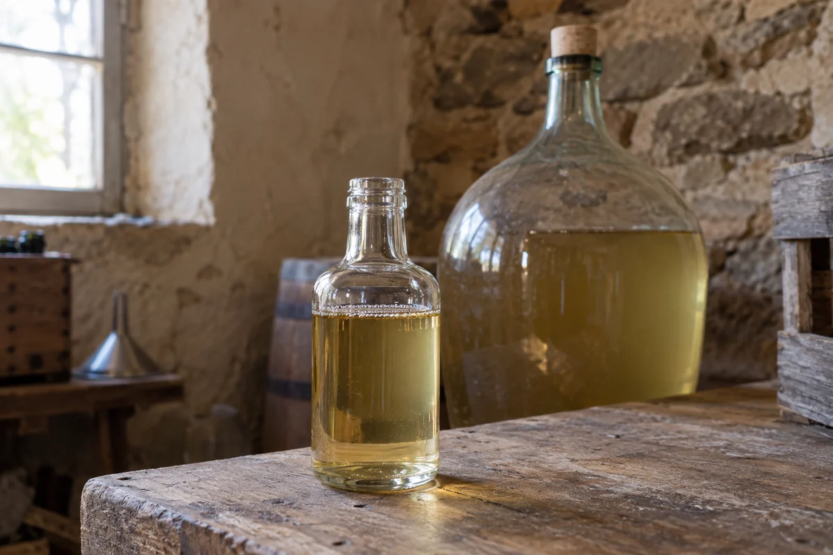 Small bottle of pale wine with bubbles along the surface beside a glass demijohn