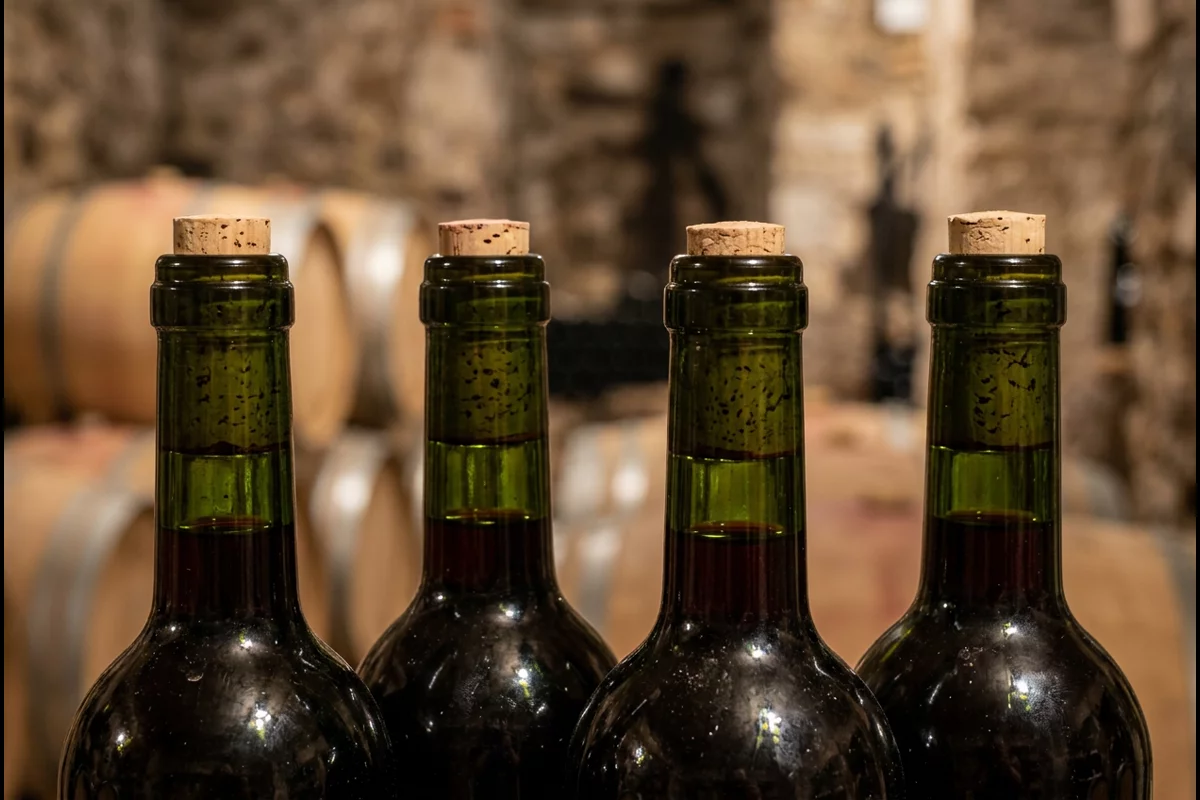 Filled 750 mL glass wine bottle necks showing a uniform 15 to 20 mm headspace gap below the cork sealing zone