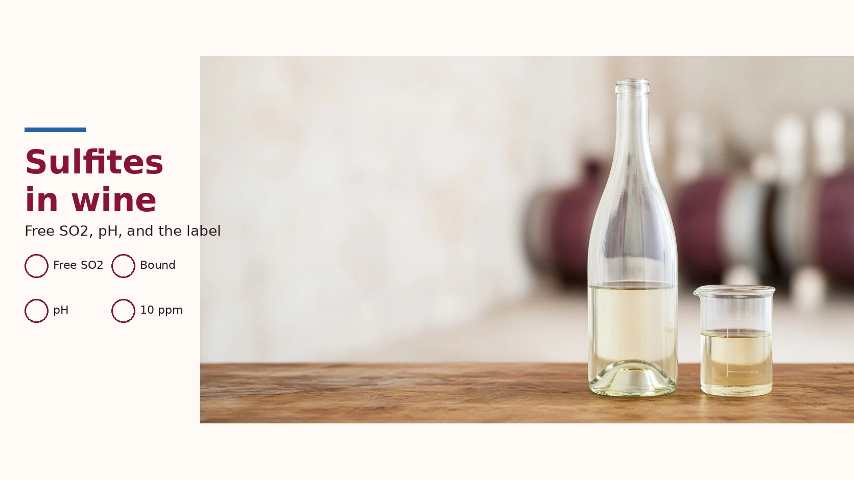 Cover labeled Sulfites in wine, with Free SO2, Bound, pH, and 10 ppm, beside an unmarked bottle and beaker.