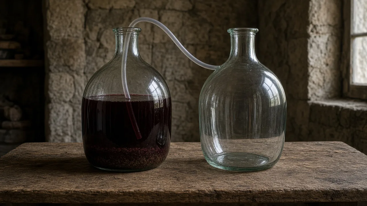 a glass carboy of red wine with settled sediment, a hose through the neck, and an empty second carboy.