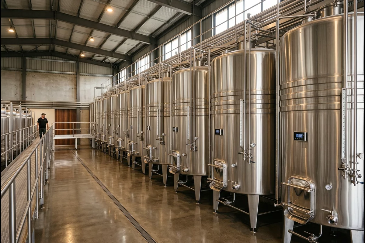 Jacketed stainless steel wine fermentation tanks with digital temperature control for cool 12 to 16 °C rosé and white wine fermentation