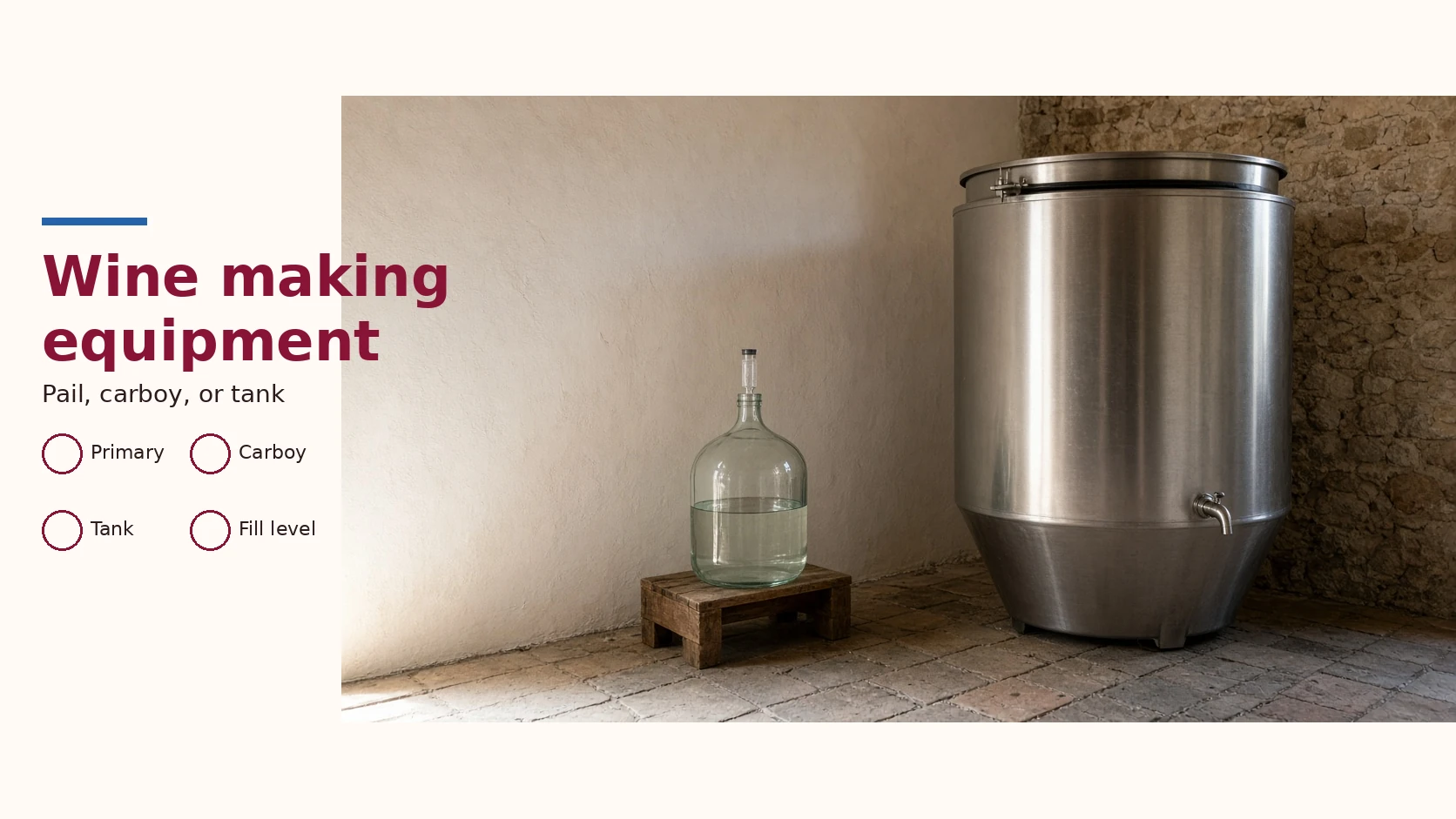 Cover labeled Wine making equipment, with Primary, Carboy, Tank, and Fill level, beside an unmarked carboy and stainless tank.
